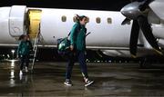 9 October 2022; Niamh Fahey at Glasgow Airport upon the arrival of the team's chartered flight from Dublin for their FIFA Women's World Cup 2023 Play-off against Scotland, at Hampden Park in Glasgow, on Tuesday next. Photo by Stephen McCarthy/Sportsfile