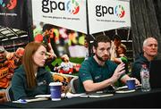 10 October 2022; GPA chief executive officer Tom Parsons, centre, alongside GPA national executive committee co-chairperson Maria Kinsella and GPA head of finance and operations Ciarán Barr during a media briefing of the association's AGM and 2021 Annual Report Highlights at the Radisson Blu Hotel at Dublin Airport in Dublin. Photo by David Fitzgerald/Sportsfile