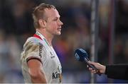 8 October 2022; Player of the match Luke Marshall of Ulster is interviewed after the United Rugby Championship match between Ulster and Ospreys at Kingspan Stadium in Belfast. Photo by Ramsey Cardy/Sportsfile