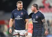 8 October 2022; Ulster forwards coach Roddy Grant, right, and Duane Vermeulen of Ulster before the United Rugby Championship match between Ulster and Ospreys at Kingspan Stadium in Belfast. Photo by Ramsey Cardy/Sportsfile