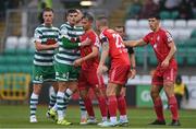 9 October 2022; Shamrock Rovers players, from left, Daniel Cleary, Sean Gannon and Lee Grace, with Shelbourne players, from left, John Ross Wilson, Luke Byrne and Stephan Negru during the SSE Airtricity League Premier Division match between Shamrock Rovers and Shelbourne at Tallaght Stadium in Dublin. Photo by Seb Daly/Sportsfile