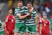 9 October 2022; Daniel Cleary of Shamrock Rovers, right, celebrates with teammate Rory Gaffney after scoring their side's first goal during the SSE Airtricity League Premier Division match between Shamrock Rovers and Shelbourne at Tallaght Stadium in Dublin. Photo by Seb Daly/Sportsfile
