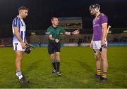 8 October 2022; Referee Thomas Gleeson with team captains Shane Durkin of Ballyboden St Enda's and Caolan Conway of Kilmacud Crokes before the Go Ahead Dublin County Senior Club Hurling Championship Semi-Final match between Kilmacud Crokes and Ballyboden St Enda's at Parnell Park in Dublin. Photo by Piaras Ó Mídheach/Sportsfile