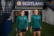 10 October 2022; Abbie Larkin, left, and Ciara Grant during a Republic of Ireland Women training session at Hampden Park in Glasgow, Scotland. Photo by Stephen McCarthy/Sportsfile