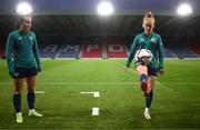 10 October 2022; Claire O'Riordan, right, and Niamh Farrelly during a Republic of Ireland Women training session at Hampden Park in Glasgow, Scotland. Photo by Stephen McCarthy/Sportsfile