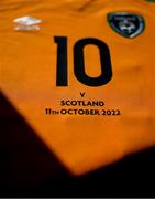 11 October 2022; A detailed view the Republic of Ireland jersey to be worn by Denise O'Sullivan before the FIFA Women's World Cup 2023 Play-off match between Scotland and Republic of Ireland at Hampden Park in Glasgow, Scotland. Photo by Stephen McCarthy/Sportsfile