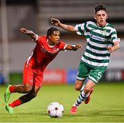 4 October 2022; Jayen Gerold of AZ Alkmaar and Cory O'Sullivan of Shamrock Rovers during the UEFA Youth League First Round 2nd Leg match between Shamrock Rovers and AZ Alkmaar at Tallaght Stadium in Dublin. Photo by Ben McShane/Sportsfile