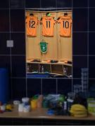 11 October 2022; The jerseys of Lily Agg, Katie McCabe and Denise O'Sullivan hang in the dressing room before the FIFA Women's World Cup 2023 Play-off match between Scotland and Republic of Ireland at Hampden Park in Glasgow, Scotland. Photo by Stephen McCarthy/Sportsfile