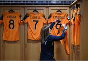 11 October 2022; Republic of Ireland kit and equipment manager Orla Haran places a black armband on the jersey of Niamh Fahey, to remember the lives lost and those injured in the Cresslough tragedy in Donegal, before the FIFA Women's World Cup 2023 Play-off match between Scotland and Republic of Ireland at Hampden Park in Glasgow, Scotland. Photo by Stephen McCarthy/Sportsfile