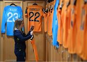11 October 2022; Republic of Ireland kit and equipment manager Orla Haran places a black armband for each jersey in the dressing room, to remember the lives lost and those injured in the Cresslough tragedy in Donegal, before the FIFA Women's World Cup 2023 Play-off match between Scotland and Republic of Ireland at Hampden Park in Glasgow, Scotland. Photo by Stephen McCarthy/Sportsfile