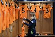 11 October 2022; Republic of Ireland kit and equipment manager Orla Haran places a black armband on the jersey of Amber Barrett, to remember the lives lost and those injured in the Cresslough tragedy in Donegal, before the FIFA Women's World Cup 2023 Play-off match between Scotland and Republic of Ireland at Hampden Park in Glasgow, Scotland. Photo by Stephen McCarthy/Sportsfile