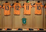 11 October 2022; The Republic of Ireland jerseys of, from left, Áine O'Gorman, Lily Agg, Katie McCabe and Denise O'Sullivan hang in the dressing room before the FIFA Women's World Cup 2023 Play-off match between Scotland and Republic of Ireland at Hampden Park in Glasgow, Scotland. Photo by Stephen McCarthy/Sportsfile