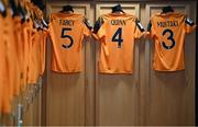 11 October 2022; The Republic of Ireland jerseys of, from left, Niamh Fahey, Louise Quinn and Chloe Mustaki hang in the dressing room before the FIFA Women's World Cup 2023 Play-off match between Scotland and Republic of Ireland at Hampden Park in Glasgow, Scotland. Photo by Stephen McCarthy/Sportsfile