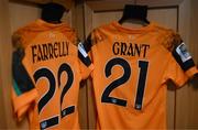 11 October 2022; A general view of the Republic of Ireland jerseys of Niamh Farrelly, left, and Ciara Grant in the dressing room before the FIFA Women's World Cup 2023 Play-off match between Scotland and Republic of Ireland at Hampden Park in Glasgow, Scotland. Photo by Stephen McCarthy/Sportsfile
