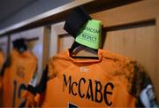 11 October 2022; A detailed view of the captain's armband and black armband, remembering the lives lost and those injured in the Cresslough tragedy, in Donegal, to be worn by Republic of Ireland captain Katie McCabe before the FIFA Women's World Cup 2023 Play-off match between Scotland and Republic of Ireland at Hampden Park in Glasgow, Scotland. Photo by Stephen McCarthy/Sportsfile