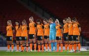 11 October 2022; Republic of Ireland players stand for a minutes silence to remember the lives lost and those injured in the Creeslough tragedy in Donegal before the FIFA Women's World Cup 2023 Play-off match between Scotland and Republic of Ireland at Hampden Park in Glasgow, Scotland. Photo by Stephen McCarthy/Sportsfile