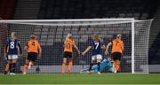 11 October 2022; Republic of Ireland goalkeeper Courtney Brosnan saves a penalty from Caroline Weir of Scotland, not pictured, during the FIFA Women's World Cup 2023 Play-off match between Scotland and Republic of Ireland at Hampden Park in Glasgow, Scotland. Photo by Stephen McCarthy/Sportsfile
