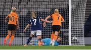 11 October 2022; Republic of Ireland goalkeeper Courtney Brosnan saves a penalty from Caroline Weir of Scotland, not pictured, during the FIFA Women's World Cup 2023 Play-off match between Scotland and Republic of Ireland at Hampden Park in Glasgow, Scotland. Photo by Stephen McCarthy/Sportsfile