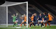 11 October 2022; Players of both side look on as the throw-in of Megan Campbell of Republic of Ireland, not pictured, goes in to the net without touching another player and is subsequently disallowed during the FIFA Women's World Cup 2023 Play-off match between Scotland and Republic of Ireland at Hampden Park in Glasgow, Scotland. Photo by Stephen McCarthy/Sportsfile