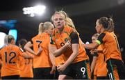 11 October 2022; Amber Barrett of Republic of Ireland celebrates after scoring her side's first goal by showing the black armband worn to remember the lives lost and those injured in the Creeslough tragedy in Donegal during the FIFA Women's World Cup 2023 Play-off match between Scotland and Republic of Ireland at Hampden Park in Glasgow, Scotland. Photo by Stephen McCarthy/Sportsfile