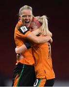11 October 2022; Diane Caldwell, left, and Denise O'Sullivan of Republic of Ireland celebrate after the FIFA Women's World Cup 2023 Play-off match between Scotland and Republic of Ireland at Hampden Park in Glasgow, Scotland. Photo by Stephen McCarthy/Sportsfile