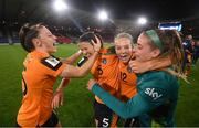 11 October 2022; Republic of Ireland players, from left, Lucy Quinn, Niamh Fahey, Lily Agg and Chloe Mustaki celebrate after the FIFA Women's World Cup 2023 Play-off match between Scotland and Republic of Ireland at Hampden Park in Glasgow, Scotland. Photo by Stephen McCarthy/Sportsfile
