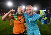 11 October 2022; Amber Barrett, left, and Republic of Ireland goalkeeper Courtney Brosnan celebrate after the FIFA Women's World Cup 2023 Play-off match between Scotland and Republic of Ireland at Hampden Park in Glasgow, Scotland. Photo by Stephen McCarthy/Sportsfile