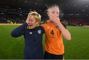 11 October 2022; Republic of Ireland manager Vera Pauw, right, and Louise Quinn of Republic of Ireland celebrate after the FIFA Women's World Cup 2023 Play-off match between Scotland and Republic of Ireland at Hampden Park in Glasgow, Scotland. Photo by Stephen McCarthy/Sportsfile
