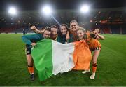 11 October 2022; Republic of Ireland players, from left, Saoirse Noonan, Niamh Farrelly, Roma McLaughlin, Jamie Finn and Heather Payne after the FIFA Women's World Cup 2023 Play-off match between Scotland and Republic of Ireland at Hampden Park in Glasgow, Scotland. Photo by Stephen McCarthy/Sportsfile