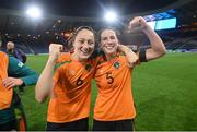11 October 2022; Megan Campbell and Niamh Fahey of Republic of Ireland after the FIFA Women's World Cup 2023 Play-off match between Scotland and Republic of Ireland at Hampden Park in Glasgow, Scotland. Photo by Stephen McCarthy/Sportsfile