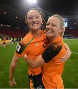 11 October 2022; Megan Campbell, left, and Diane Caldwell of Republic of Ireland after the FIFA Women's World Cup 2023 Play-off match between Scotland and Republic of Ireland at Hampden Park in Glasgow, Scotland. Photo by Stephen McCarthy/Sportsfile