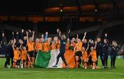 11 October 2022; Republic of Ireland manager Vera Pauw joins the celebrates with her players and staff after the FIFA Women's World Cup 2023 Play-off match between Scotland and Republic of Ireland at Hampden Park in Glasgow, Scotland. Photo by Stephen McCarthy/Sportsfile