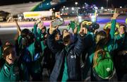 12 October 2022; Republic of Ireland's Diane Caldwell and team-mates on the team's return to Dublin Airport after securing their qualification for the FIFA Women's World Cup 2023 in Australia and New Zealand following their play-off victory over Scotland at Hampden Park on Tuesday. Photo by Stephen McCarthy/Sportsfile