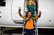 12 October 2022; Republic of Ireland captain Katie McCabe on the team's return to Dublin Airport after securing their qualification for the FIFA Women's World Cup 2023 in Australia and New Zealand following their play-off victory over Scotland at Hampden Park on Tuesday. Photo by Stephen McCarthy/Sportsfile