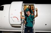 12 October 2022; Republic of Ireland's Niamh Farrelly on the team's return to Dublin Airport after securing their qualification for the FIFA Women's World Cup 2023 in Australia and New Zealand following their play-off victory over Scotland at Hampden Park on Tuesday. Photo by Stephen McCarthy/Sportsfile