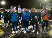 12 October 2022; Republic of Ireland players, from left, Denise O'Sullivan, Claire O'Riordan, Amber Barrett, Niamh Farrelly and Katie McCabe on the team's return to Dublin Airport after securing their qualification for the FIFA Women's World Cup 2023 in Australia and New Zealand following their play-off victory over Scotland at Hampden Park on Tuesday. Photo by Stephen McCarthy/Sportsfile