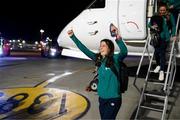12 October 2022; Republic of Ireland's Niamh Fahey on the team's return to Dublin Airport after securing their qualification for the FIFA Women's World Cup 2023 in Australia and New Zealand following their play-off victory over Scotland at Hampden Park on Tuesday. Photo by Stephen McCarthy/Sportsfile