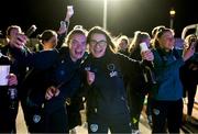 12 October 2022; Republic of Ireland's Saoirse Noonan and Keeva Keenan on the team's return to Dublin Airport after securing their qualification for the FIFA Women's World Cup 2023 in Australia and New Zealand following their play-off victory over Scotland at Hampden Park on Tuesday. Photo by Stephen McCarthy/Sportsfile