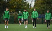12 October 2022; Shamrock Rovers players, from left, Daniel Cleary, Gary O'Neill, Sean Gannon and Sean Kavanagh before a Shamrock Rovers squad training session at Roadstone Sports Club in Dublin. Photo by Seb Daly/Sportsfile