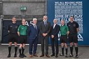 13 October 2022; In attendance during the GAA Referees Respect Day at Croke Park in Dublin are, from left, Referee Colm Lyons, Referee David Coldrick, Referee Development Committee Chairperson Sean Martin, Uachtarán Chumann Lúthchleas Gael Larry McCarthy,Lecturer in Sport and Exercise Psychology at Ulster University, Dr Noel Brick, Referee Thomas Gleeson and Referee Sean Hurson. Photo by Sam Barnes/Sportsfile
