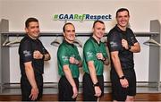 13 October 2022; In attendance during the GAA Referees Respect Day at Croke Park in Dublin are referees, from left, Colm Lyons, David Coldrick  Sean Hurson and Thomas Gleeson. Photo by Sam Barnes/Sportsfile