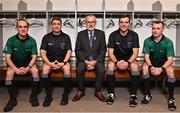 13 October 2022; In attendance  during the GAA Referees Respect Day at Croke Park in Dublin are Uachtarán Chumann Lúthchleas Gael Larry McCarthy, centre, with referees, from left, David Coldrick, Colm Lyons, Thomas Gleeson and Sean Hurson. Photo by Sam Barnes/Sportsfile