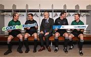 13 October 2022; In attendance during the GAA Referees Respect Day at Croke Park in Dublin are Uachtarán Chumann Lúthchleas Gael Larry McCarthy, centre, with referees, from left, David Coldrick, Colm Lyons, Thomas Gleeson and Sean Hurson. Photo by Sam Barnes/Sportsfile