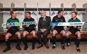 13 October 2022; In attendance during the GAA Referees Respect Day at Croke Park in Dublin are Uachtarán Chumann Lúthchleas Gael Larry McCarthy, centre, with referees, from left, David Coldrick, Colm Lyons, Thomas Gleeson and Sean Hurson. Photo by Sam Barnes/Sportsfile