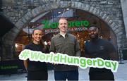 13 October 2022; Zambrero Ireland’s general manager Darragh Fanning, centre, with Westmeath footballer Boidu Sayeh and Irish sprinter Sharlene Mawdsley at the launch of Zambrero Ireland’s first ever meal packing event which is taking place on World Hunger Day this Sunday. With the help of over 100 volunteers, Zambrero Ireland aims to pack 30,000 nutritious meals which will be donated to people in need in developing countries. Photo by David Fitzgerald/Sportsfile