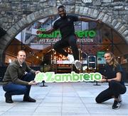 13 October 2022; Zambrero Ireland’s general manager Darragh Fanning, left, with Westmeath footballer Boidu Sayeh and Irish sprinter Sharlene Mawdsley at the launch of Zambrero Ireland’s first ever meal packing event which is taking place on World Hunger Day this Sunday. With the help of over 100 volunteers, Zambrero Ireland aims to pack 30,000 nutritious meals which will be donated to people in need in developing countries. Photo by David Fitzgerald/Sportsfile