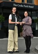 13 October 2022; Michelle Davoren from Dublin club Kilmacud Crokes, left, is presented with The Croke Park/LGFA Player of the Month award for September by Ina Lazar, Sales Manager, The Croke Park, at The Croke Park in Jones Road, Dublin. Michelle was Player of the Match in the 2022 Dublin Senior Championship Final, scoring 0-2 against Thomas Davis, having registered 1-4 in the semi-final victory over St Sylvester’s. Kilmacud Crokes were crowned Dublin Senior champions for the very first time in 2022. Photo by Sam Barnes/Sportsfile