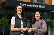 13 October 2022; Michelle Davoren from Dublin club Kilmacud Crokes, left, is presented with The Croke Park/LGFA Player of the Month award for September by Ina Lazar, Sales Manager, The Croke Park, at The Croke Park in Jones Road, Dublin. Michelle was Player of the Match in the 2022 Dublin Senior Championship Final, scoring 0-2 against Thomas Davis, having registered 1-4 in the semi-final victory over St Sylvester’s. Kilmacud Crokes were crowned Dublin Senior champions for the very first time in 2022. Photo by Sam Barnes/Sportsfile