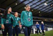 11 October 2022; Jamie Finn and Niamh Farrelly, left, of Republic of Ireland before the FIFA Women's World Cup 2023 Play-off match between Scotland and Republic of Ireland at Hampden Park in Glasgow, Scotland. Photo by Stephen McCarthy/Sportsfile