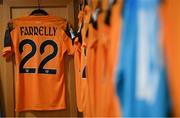 11 October 2022; The jersey of Niamh Farrelly hangs in the Republic of Ireland dressing room before the during the FIFA Women's World Cup 2023 Play-off match between Scotland and Republic of Ireland at Hampden Park in Glasgow, Scotland. Photo by Stephen McCarthy/Sportsfile